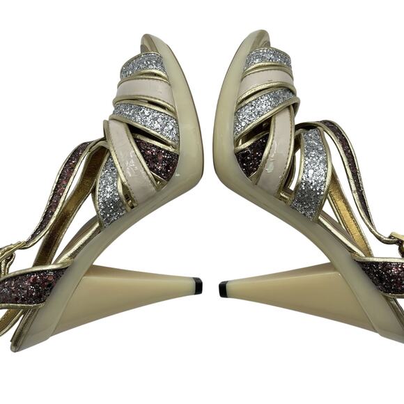 Kate Kuba Size 7 Glitter High Heels Silver Gold Open Toe 4 inch Women's Shoes - Picture 5 of 8